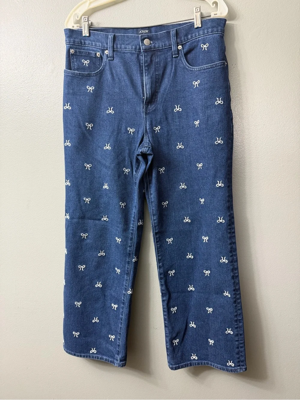 J Crew Slim Wide Leg Jeans Womens 30 Blue Denim Bow Embroidered Cotton